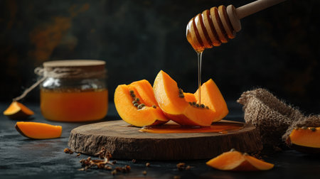 Delight in the natural beauty of fresh papaya slices drizzled with honey, set on a rustic wooden board, ideal for healthy recipes and vibrant presentations.の素材
