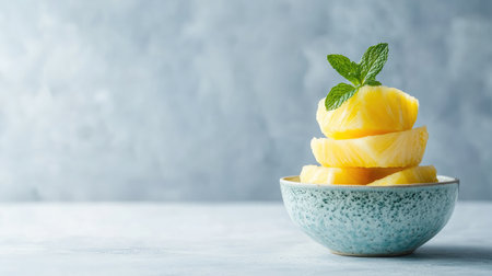 A visually appealing arrangement of fresh pineapple slices stacked in a bowl, garnished with mint leaves, perfect for summer recipes and healthy snacks.の素材