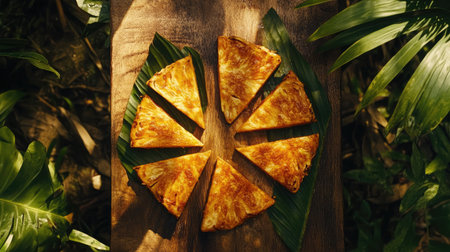 A beautifully arranged savory dish sliced into wedges, presented on a wooden board and surrounded by lush greenery, perfect for any culinary showcase.の素材