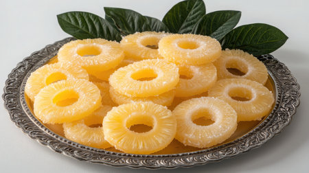 A beautifully arranged silver platter featuring fresh pineapple slices. The vibrant yellow of the fruit contrasts with green leaves, creating an appetizing and tropical presentation. Perfect for summer events or healthy snacks.の素材