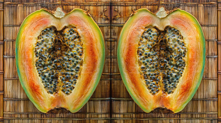 Vibrant and fresh papaya halves displayed on a natural surface. The vivid colors and texture highlight the fruit's nutritious and exotic appeal for culinary uses.の素材