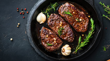 Delight in this mouthwatering image of juicy grilled steak, garnished with fresh garlic and herbs. Perfect for culinary inspiration and food-related projects.の素材