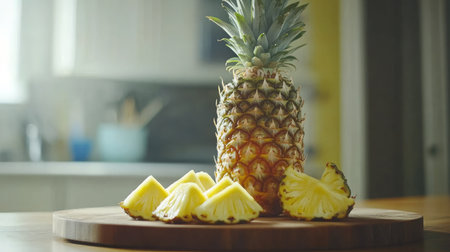 A vibrant pineapple stands on a wooden board, surrounded by fresh slices. This image captures the essence of healthy eating and tropical flavors in a bright kitchen setting.の素材