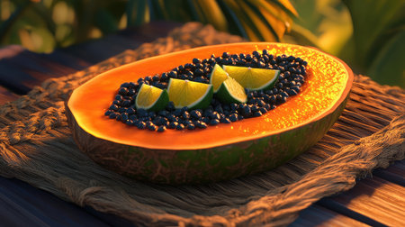 Bright and refreshing papaya halved and topped with black seeds and lime slices. This vibrant tropical fruit embodies healthy eating and seasonal flavors.の素材