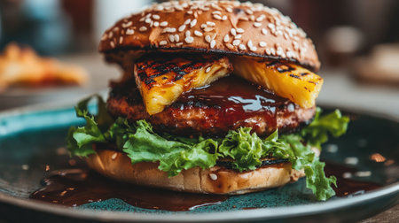 A delicious grilled hamburger featuring a juicy beef patty, topped with sweet pineapple and fresh lettuce, served in a sesame seed bun for a delightful meal.の素材