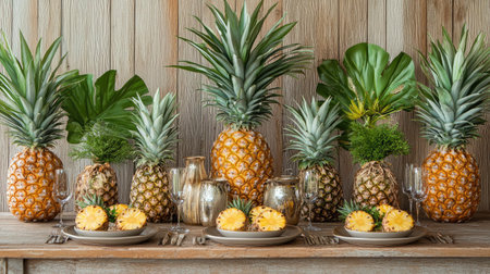 A colorful arrangement of pineapples and foliage creates a stunning tropical centerpiece for any dining table, enhancing the atmosphere with freshness and vibrancy.の素材