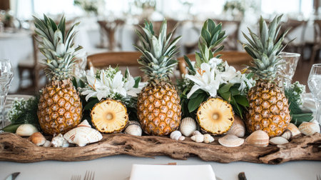 A vibrant tropical centerpiece features fresh pineapples and seashells, perfect for creating an inviting atmosphere at any festive gathering.の素材