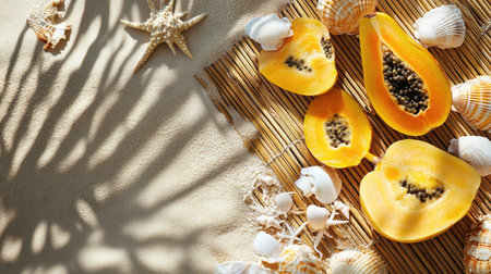 A vibrant arrangement of fresh papaya slices alongside seashells, set against a sandy background, evoking a tropical and summery vibe perfect for food and beach themes.の素材