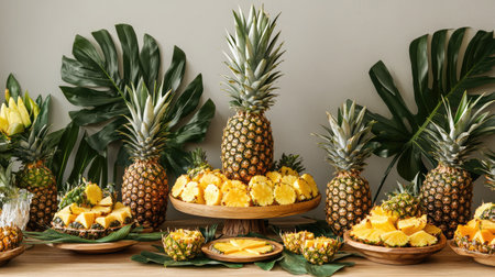 A vibrant display of fresh pineapples on wooden platters, surrounded by tropical leaves, perfect for summer events, parties, or festive gatherings.の素材