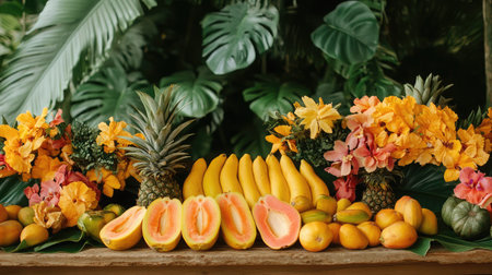 A stunning display of tropical fruits and colorful flowers set against lush foliage, perfect for showcasing nature's beauty and vibrancy. Ideal for themes like summer, health, and celebration.の素材