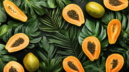 A vibrant arrangement featuring fresh papaya slices and lush tropical leaves. This colorful mix creates a perfect backdrop for culinary or health-related projects.の素材
