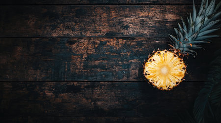 A vibrant sliced pineapple rests on a dark wooden surface, showcasing its juicy yellow interior. Ideal for food-themed designs or health-related content.の素材