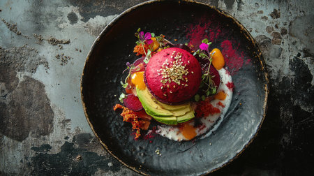 A stunning gourmet dessert displayed on a dark plate, featuring vibrant colors and artistic garnishes. Perfect for showcasing culinary creativity.の素材
