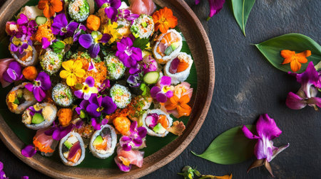 A vibrant sushi platter adorned with edible flowers, showcasing fresh ingredients and artistic presentation. Perfect for dining, celebrations, or culinary events.の素材