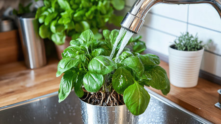 A vibrant herb plant being watered in a modern kitchen, showcasing freshness and wellness. Ideal for themes of gardening, cooking, and home living.の素材