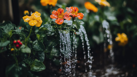 This captivating image showcases vibrant flowers paired with a gentle waterfall, creating a serene garden scene filled with natural beauty and tranquility.の素材