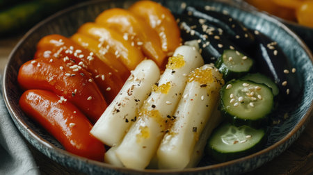 A vibrant assortment of fresh vegetables elegantly arranged on a plate, showcasing a healthy and colorful culinary creation perfect for any meal setting.の素材