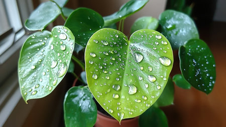 A close-up view of fresh green leaves adorned with water droplets, showcasing vibrant textures and healthy growth ideal for nature lovers and indoor gardening.の素材