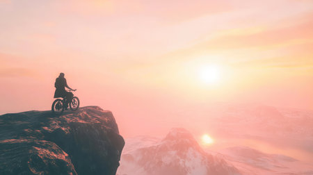 A lone biker stands on a cliff edge, overlooking a breathtaking sunset with distant mountains. This image evokes feelings of adventure and freedom in nature.の素材