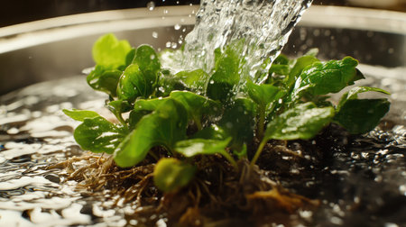 Water splashes over fresh greens in a bowl, showcasing the beauty of nature and the importance of nurturing plants for healthy living.の素材