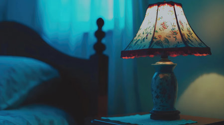 A cozy bedroom scene featuring a vintage lamp casting a warm glow, perfect for creating a peaceful and inviting atmosphere at night.の素材