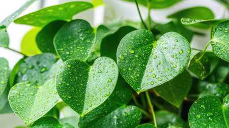 Close-up view of heart-shaped leaves adorned with water drops, showcasing the beauty of nature and lush greenery. Perfect for nature-themed projects.の素材