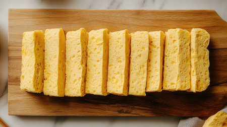 A beautifully arranged collection of freshly cut yellow sponges on a wooden board, perfect for culinary presentations or kitchen preparation shots.の素材