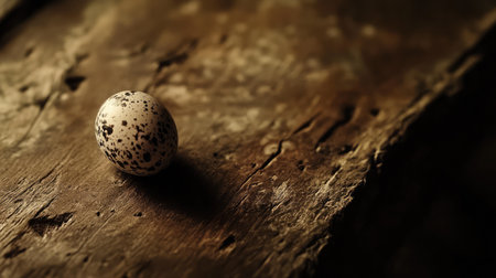 A solitary speckled egg rests on a rustic wooden surface, capturing the essence of natural simplicity and beauty. Perfect for still life or nature-themed projects.の素材
