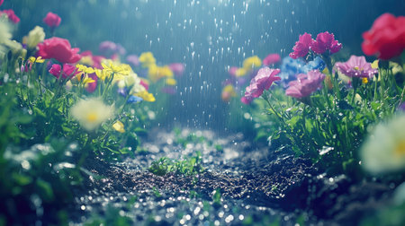 A vibrant flower garden surrounded by a gentle rain shower, showcasing colorful blooms and glistening drops. Ideal for nature and spring themes.の素材