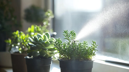 A fresh and vibrant indoor plant scene with sunlight highlighting a gentle water spray. Perfect for showcasing the beauty of nurturing greenery at home.の素材