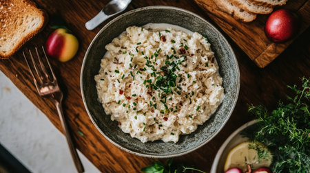 A delicious creamy dish garnished with fresh herbs, perfect for breakfast or a light meal. Ideal for showcasing rustic dining and healthy eating.の素材