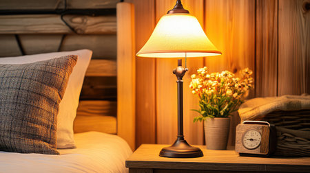 A cozy bedroom scene featuring a warm lamp on a nightstand, decorative flowers, a clock, and soft bedding that creates a tranquil atmosphere.の素材