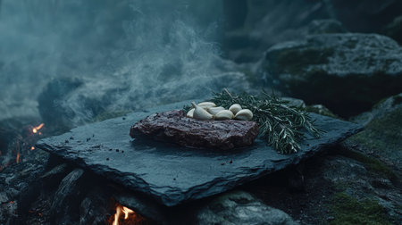 A succulent grilled steak garnished with fresh garlic and herbs, set on a stone surface amidst smoky flames, perfect for outdoor cooking scenes.の素材