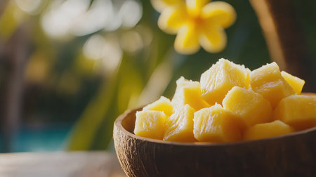 A close-up of fresh mango cubes in a wooden bowl, surrounded by tropical scenery. This vibrant and healthy snack is perfect for summer enjoyment and refreshing meals.の素材