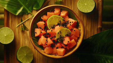 A visually appealing arrangement of fresh watermelon cubes garnished with lime slices, perfect for a tropical-themed snack or summer meal.の素材