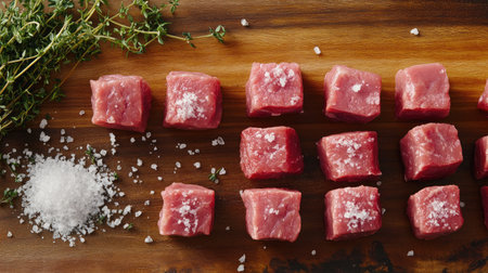 Fresh meat cubes showcased on a wooden board with herbs and salt, ideal for culinary preparations. A perfect addition to a gourmet recipe.の素材