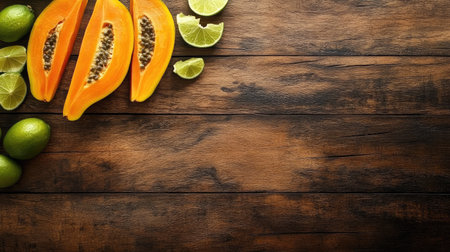 A vibrant display of fresh papaya and lime slices on a rustic wooden table, perfect for healthy recipes, tropical beverages, or culinary presentations.の素材