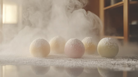 Five colorful mochi balls dusted with powdered sugar sit on a table, surrounded by gentle steam. A cozy and inviting dessert perfect for any occasion.の素材