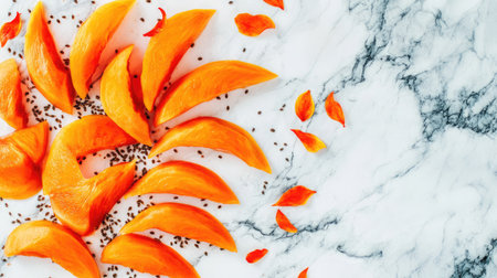 Vibrant orange slices arranged artistically on a marble surface, enhanced by seeds and petals, creating an appealing aesthetic for culinary photography.の素材
