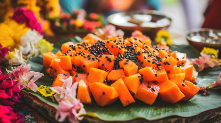 A beautiful arrangement of fresh papaya slices on a leafy platter, garnished with black seeds and colorful flowers, perfect for a vibrant feast.の素材