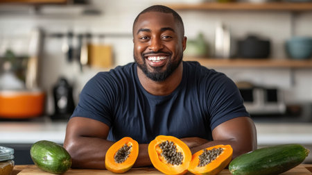 A cheerful man enjoys fresh papaya in a modern kitchen, highlighting healthy eating and vibrant flavors. Perfect for wellness and lifestyle themes.の素材