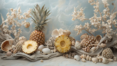 A serene still life featuring a vibrant pineapple surrounded by various seashells and driftwood, evoking a coastal and tropical ambiance perfect for summer decor.の素材