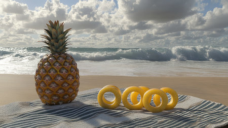 A vibrant pineapple sits alongside yellow rings on a beach, with gentle waves crashing in the background, evoking a joyful summer vibe perfect for leisure and relaxation.の素材