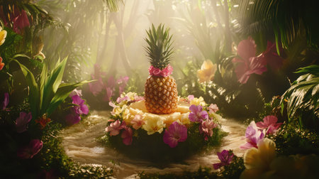 A stunning pineapple stands as a centerpiece, surrounded by a vibrant array of tropical flowers, creating a serene and exotic ambiance in a lush garden setting.の素材