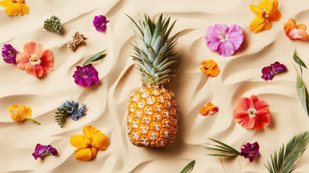 A fresh pineapple sits elegantly among a variety of colorful flowers, creating a vibrant and tropical atmosphere perfect for summer themes and decorations.の素材
