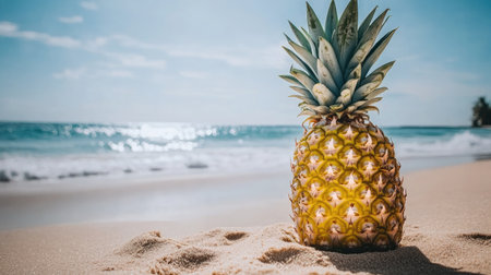 A vibrant pineapple stands on a sandy beach, with a sparkling ocean in the background. Perfect for summer-themed projects, showcasing tropical vibes and freshness.の素材