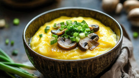 A vibrant bowl of creamy mushroom and onion dish, garnished with fresh green onions. Perfect for a comforting meal, this dish showcases rich textures and flavors.の素材