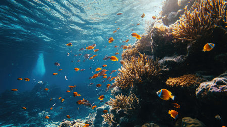 Explore a stunning underwater world filled with colorful fish and vibrant coral. This serene scene showcases the beauty of marine life beneath the waves.の素材