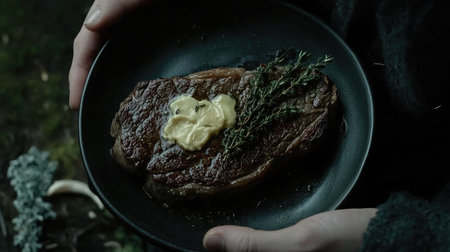 A closeup of a beautifully cooked steak garnished with fresh thyme and a dollop of butter, served on a rustic black plate, showcasing culinary artistry.の素材