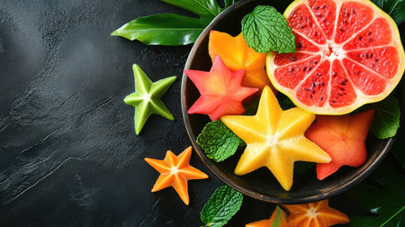 A vibrant arrangement of colorful fruits including starfruit and grapefruit, surrounded by fresh mint leaves. Perfect for healthy eating themes and summer recipes.の素材